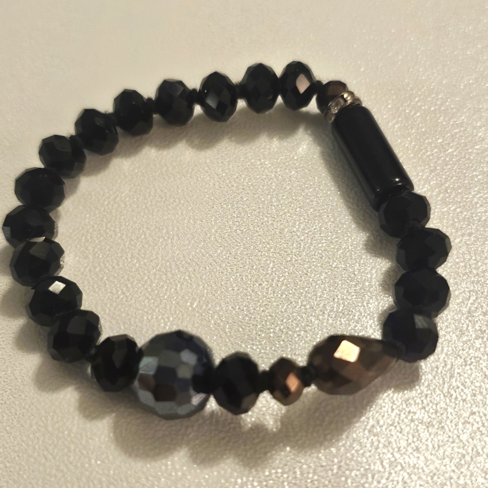 Black Obsidian & Smoky Quartz Strachy Beaded Bracelet. - Picture 4 of 4